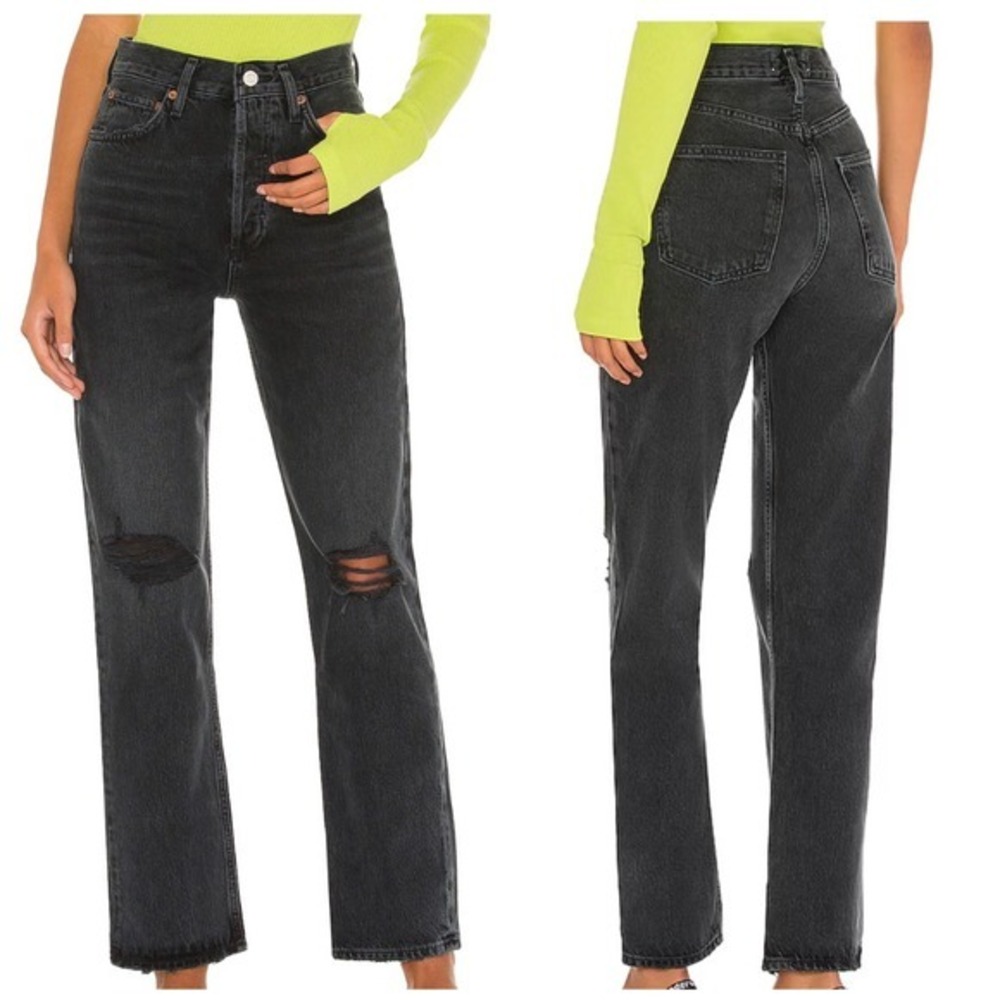 Agolde 90s Pinch Waist Jeans Sz 26" High-Rise Straight-Leg Distressed Black Goth